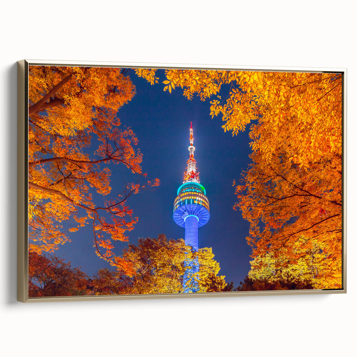 Framed canvas depicting a vintage landscape painting of Seoul, featuring muted gold and black tones.