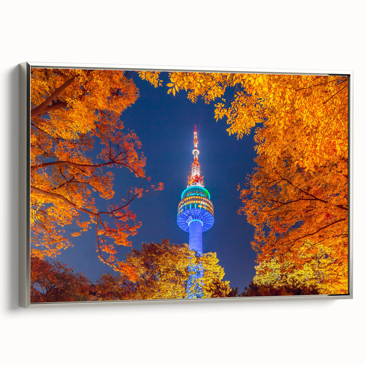 Framed canvas featuring a vintage-style Seoul landscape in colorful art tones, ideal for enhancing black wall art aesthetics.