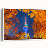 Framed canvas of vintage poster art featuring colorful Seoul scenery, ideal for living room decor.