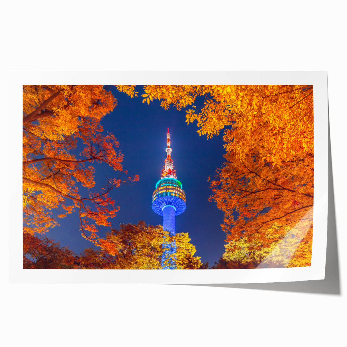 Extra large wall art of Seoul's skyline in muted gray and blue tones on a rolled canvas, ideal for dining room decor.