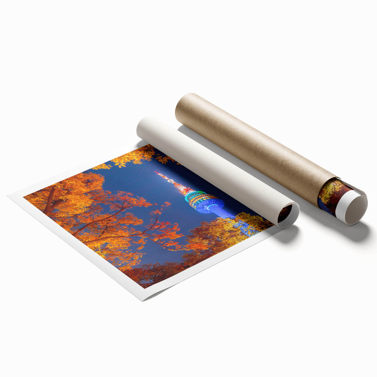 Extra large rolled print of Seoul scenery with soft pink cherry blossoms and cityscape, ideal for classy bathroom wall art.