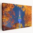 Large canvas print of Seoul skyline in muted gray and blue tones, suitable for kitchen wall art.