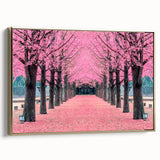 Vintage poster-style landscape painting of a serene Korean scenery in muted gold and black tones on framed canvas.
