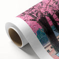 Art deco poster of Asian scenery on rolled canvas, featuring muted earth tones.