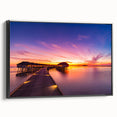 Black and white wall art of a serene Maldivian landscape on framed canvas, ideal for bedroom decor.