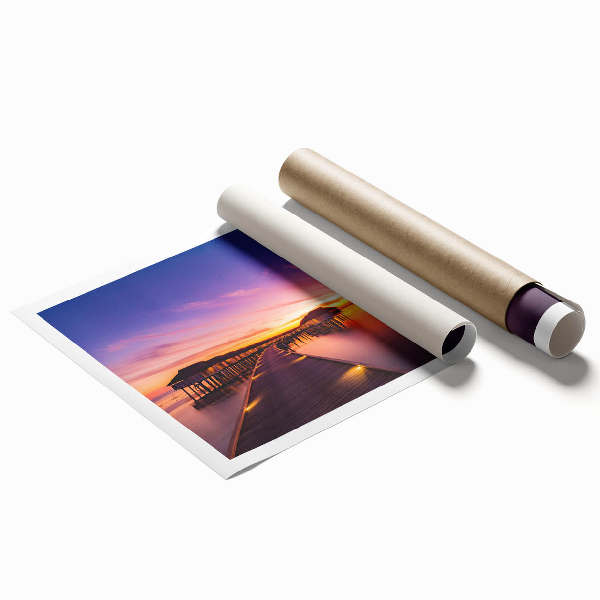 Extra large rolled print of a serene Maldivian beach with soft blue and white tones, ideal for classy bathroom wall art.