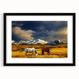 Extra large abstract art print depicting a colorful, textured Mongolian landscape on a framed black mat.
