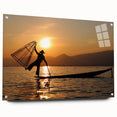 Large abstract wall art depicting a serene Myanmar landscape in muted earth tones on acrylic glass.