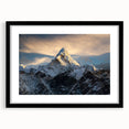 Extra large abstract art print of a colorful, textured depiction of Mount Everest, framed in black.