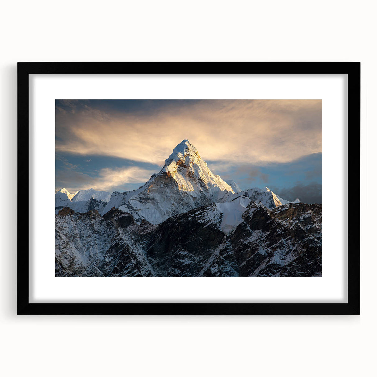 Extra large abstract art print of a colorful, textured depiction of Mount Everest, framed in black.
