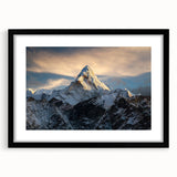 Extra large abstract art print of a colorful, textured depiction of Mount Everest, framed in black.