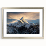 Textured art of abstract Everest scenery in muted earth tones on a framed silver mat, suitable for bedroom art.