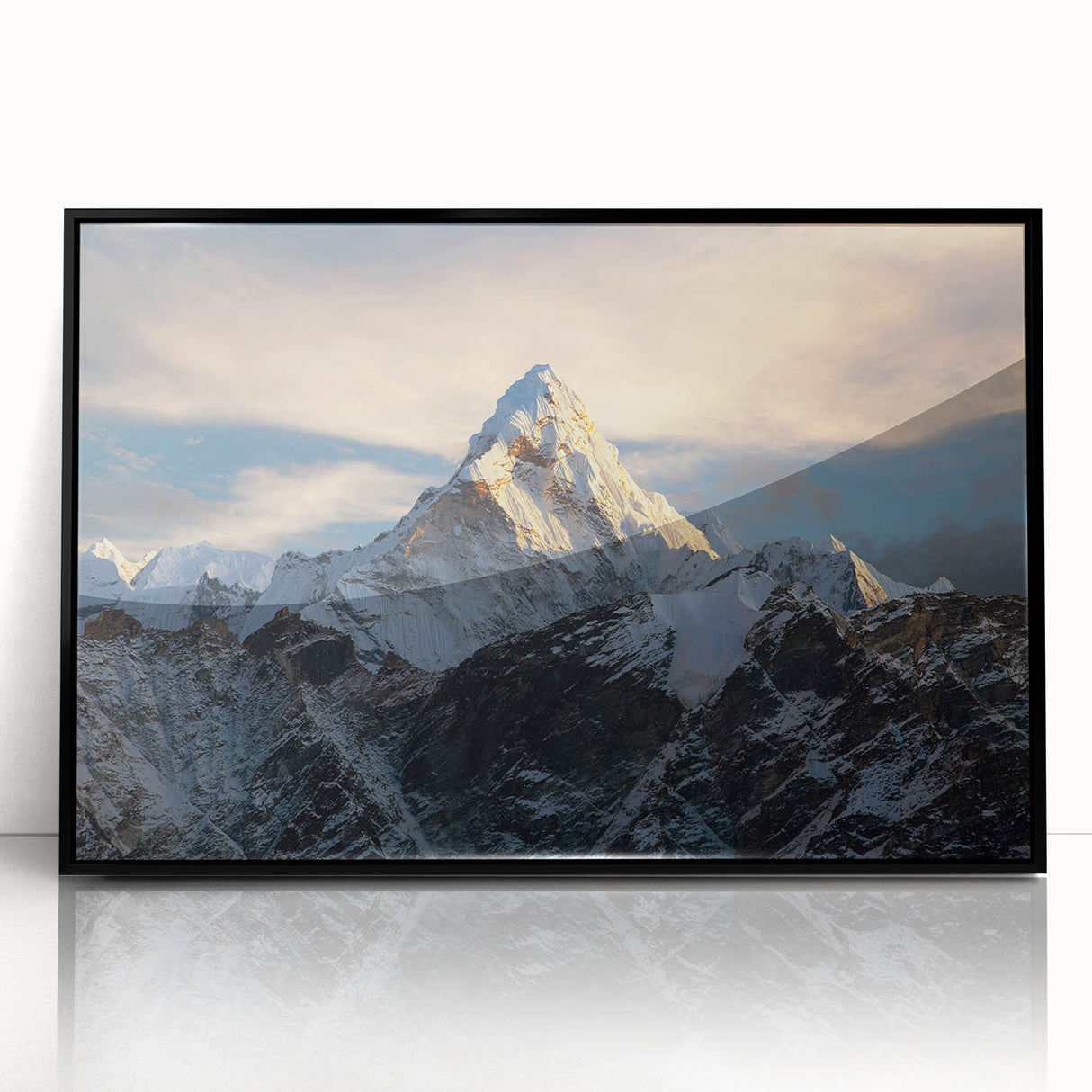 Large abstract wall art of Mount Everest in muted gray tones on a framed acrylic, ideal for modern office decor.