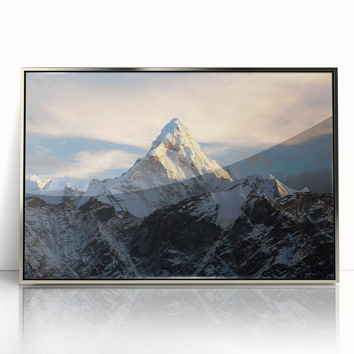 Mid-century modernist art of Mount Everest in muted earth tones on a framed acrylic, ideal for modern art wall decor.
