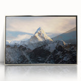 Mid-century modernist art of Mount Everest in muted earth tones on a framed acrylic, ideal for modern art wall decor.