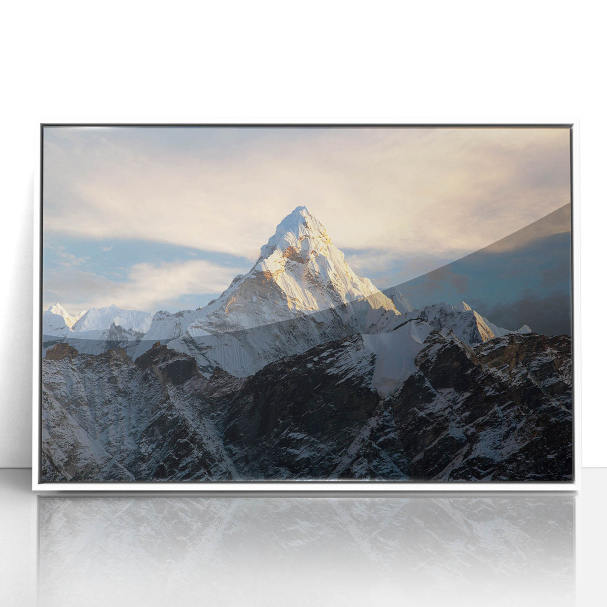 Acrylic print of Mount Everest with muted blue and white tones in an art deco style, ideal for modern art wall decor.