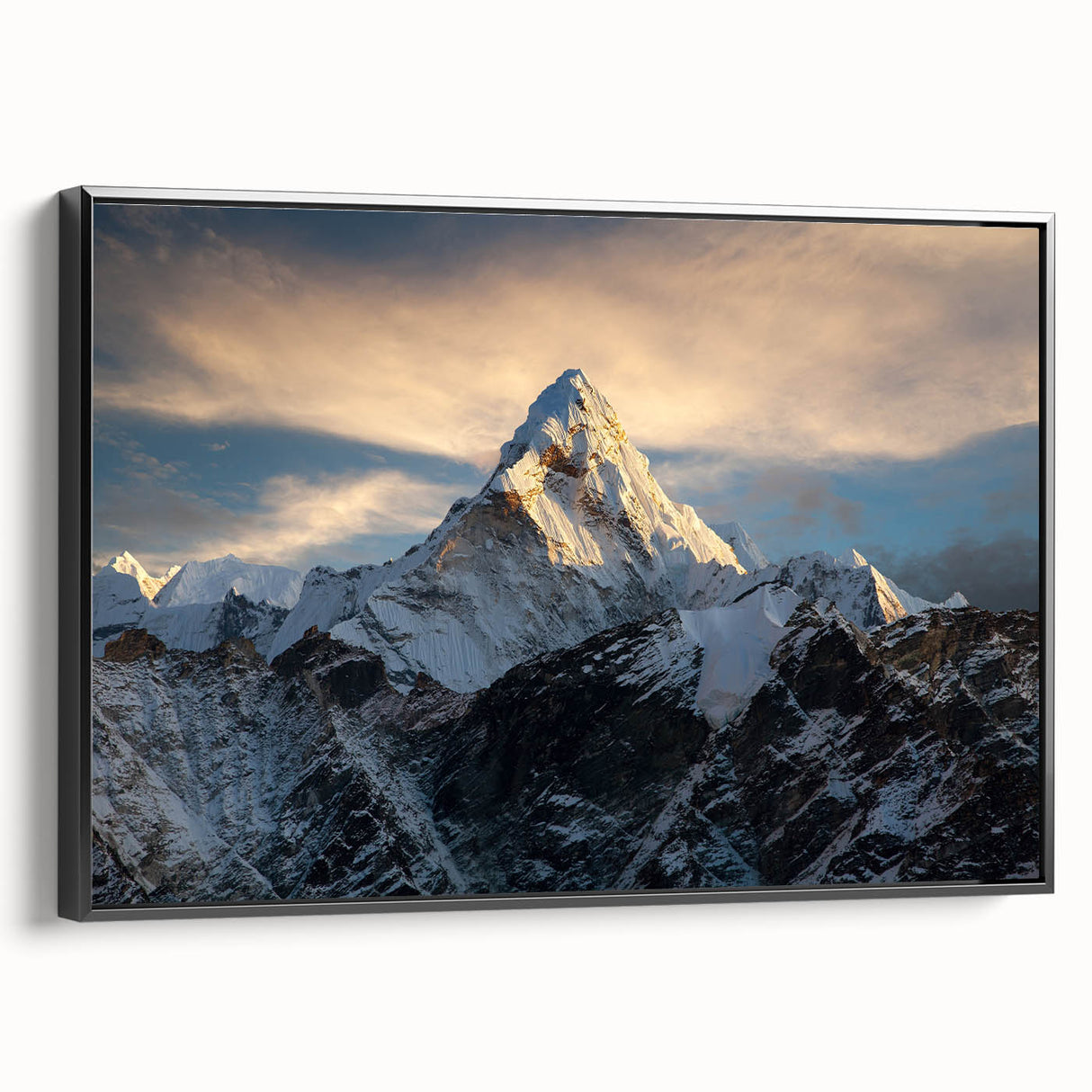Black and white framed canvas of Mount Everest landscape, ideal for bedroom wall art.