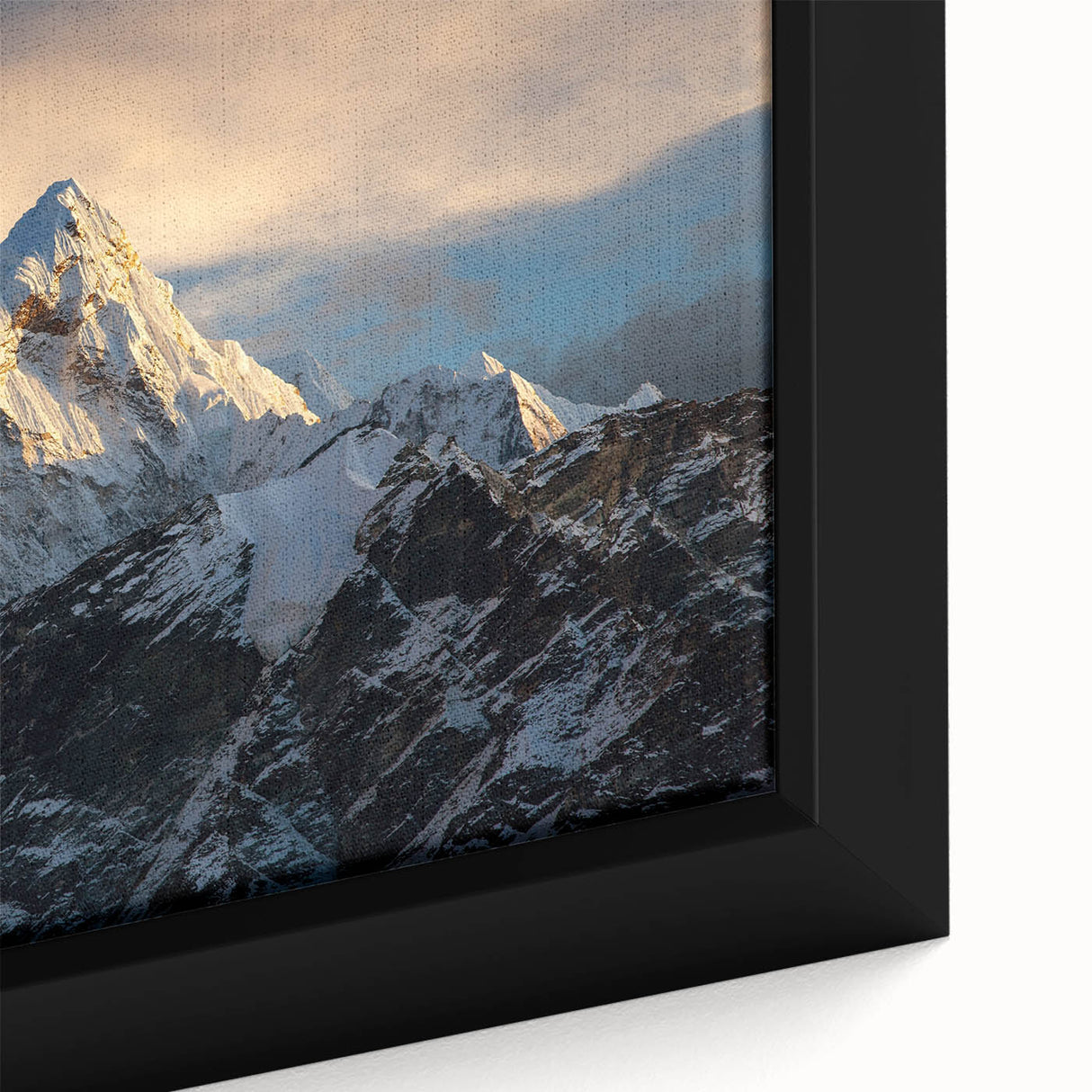 Black wall art featuring a textured depiction of Mount Everest in colorful hues, framed canvas ideal for living room decor.