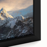 Black wall art featuring a textured depiction of Mount Everest in colorful hues, framed canvas ideal for living room decor.
