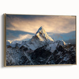 Framed canvas wall art depicting Mount Everest in muted gold and black tones, ideal for bedroom decor.