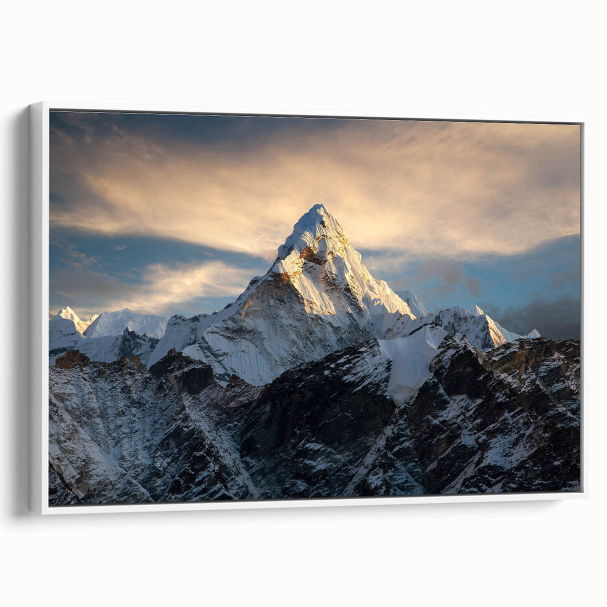 Vintage poster art of Everest with colorful accents on extra large framed canvas, ideal for living room decor.