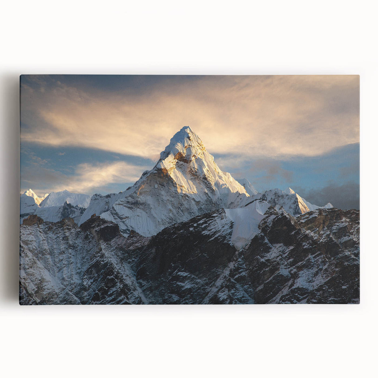 Black and white photo of Mount Everest on stretched canvas, ideal for kitchen wall art.