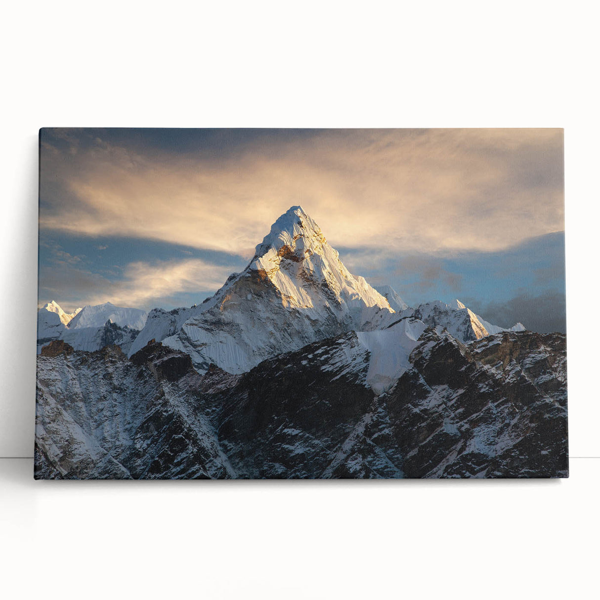Black and white stretched canvas of Mount Everest, ideal for kitchen wall art or bedroom ambiance.