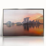 Mid-century modernist art of Singapore skyline in muted silver and blue tones, framed acrylic.