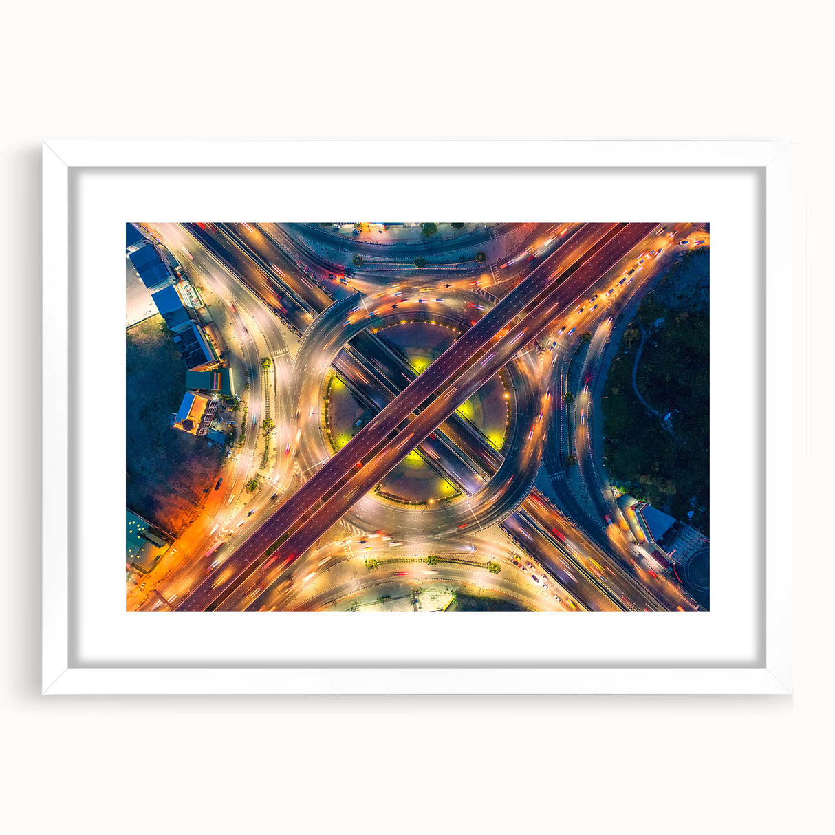 Abstract art print of Bangkok cityscape in muted gray and blue tones on a white framed mat.