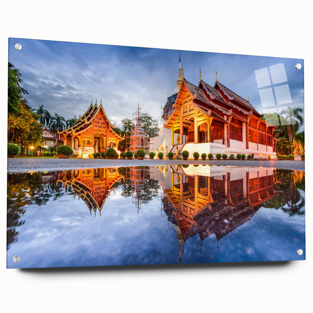 Acrylic print of a large abstract depiction of a Thai landscape in vibrant blue and green tones.