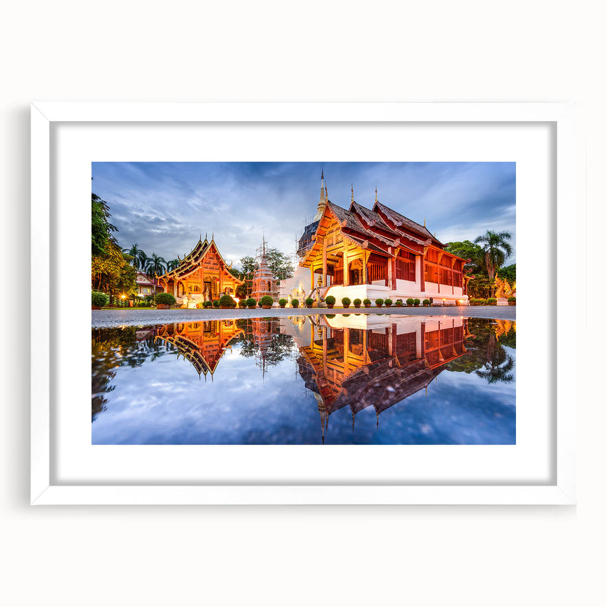 Abstract art print of a serene Thai landscape in muted green and blue tones, framed with a white mat.
