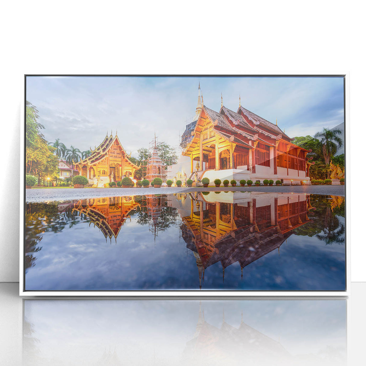 Acrylic print of a serene Thai landscape in muted green and blue tones, framed in white, suitable for modern art wall decor.