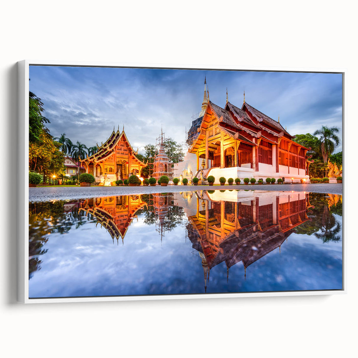 Vintage poster art of a Thai scenery on extra large framed canvas, featuring colorful art on a black background.