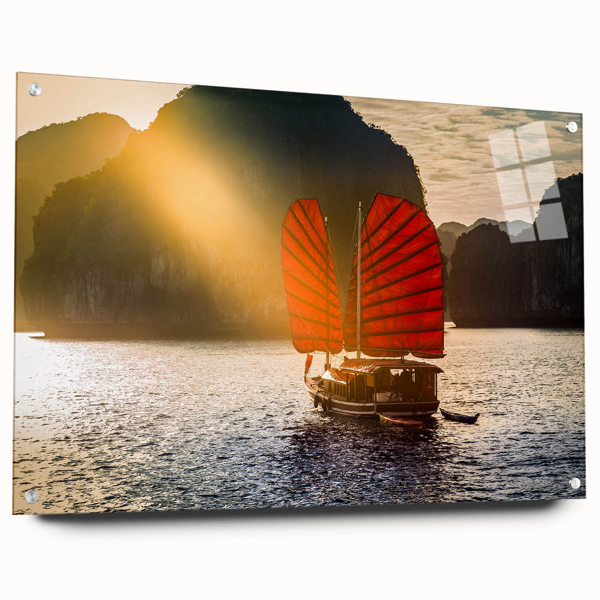 Acrylic print of a Vietnamese landscape in muted green and blue tones, ideal for dining room decor.
