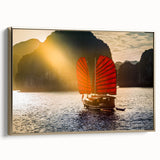 Framed canvas featuring a vintage-style landscape painting of a Vietnamese scenery in gold and black tones.