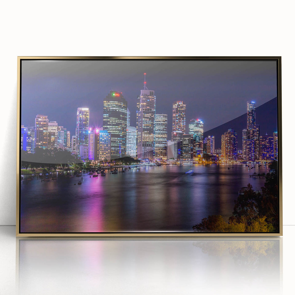 Framed acrylic print of Brisbane skyline in mid-century modernist style with gold accents, ideal for modern art wall decor.