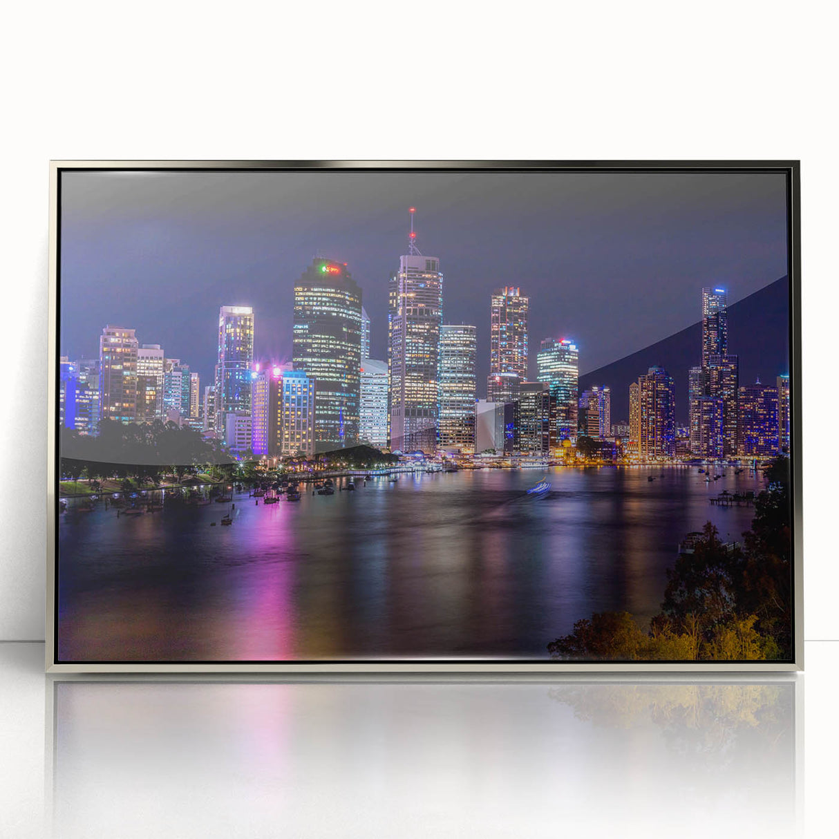 Art deco poster of Brisbane skyline in muted silver and gray tones on acrylic, ideal for modern nursery wall art.