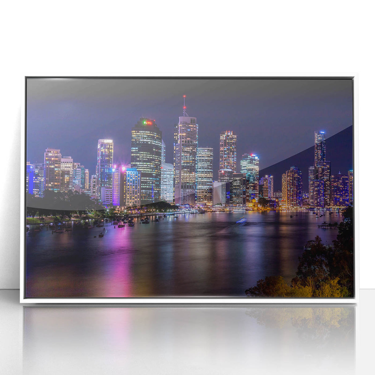 Framed acrylic print of a mid-century modernist Brisbane skyline in muted colors, ideal for modern art wall decor.