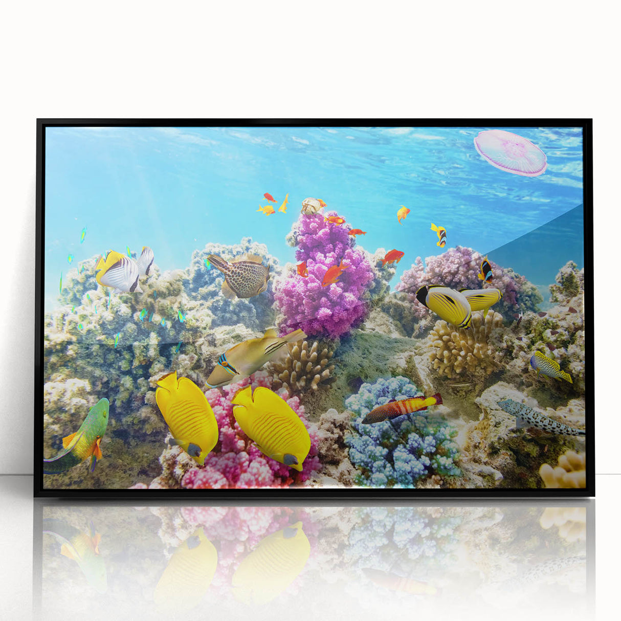 Large abstract wall art of the Great Barrier Reef in vibrant blues and greens on a framed acrylic.