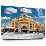 Large abstract wall art of Melbourne skyline in muted blue tones on acrylic glass, ideal for bedroom or dining room decor.