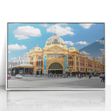 Mid-century modernist art of Melbourne skyline in muted gray tones on framed acrylic, suitable for modern art wall decor.