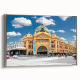 Vintage poster art of Melbourne with colorful abstract design on a large framed canvas, ideal for living room decor.