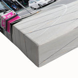 Large art depicting Melbourne landscape in black and white on stretched canvas, suitable for bedroom wall decor.