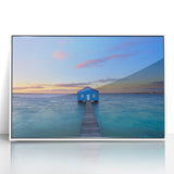 Large art print of Perth skyline in muted colors on white framed acrylic, suitable for modern nursery decor.