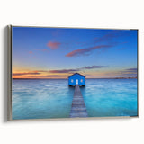 Vintage poster art of Perth, Australia in colorful hues on a large framed canvas, suitable for living room decor.