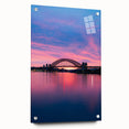 Acrylic print of Sydney skyline in muted blue and gray tones, ideal for modern bedroom or dining room decor.