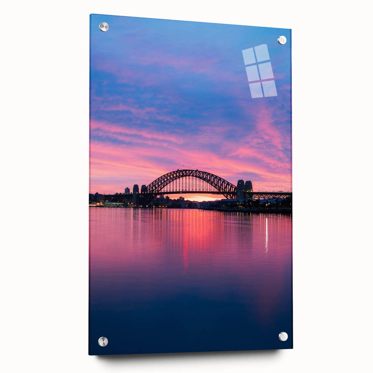 Acrylic print of Sydney skyline in muted blue and gray tones, ideal for modern bedroom or dining room decor.