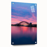 Acrylic print of Sydney skyline in muted blue and gray tones, ideal for modern bedroom or dining room decor.
