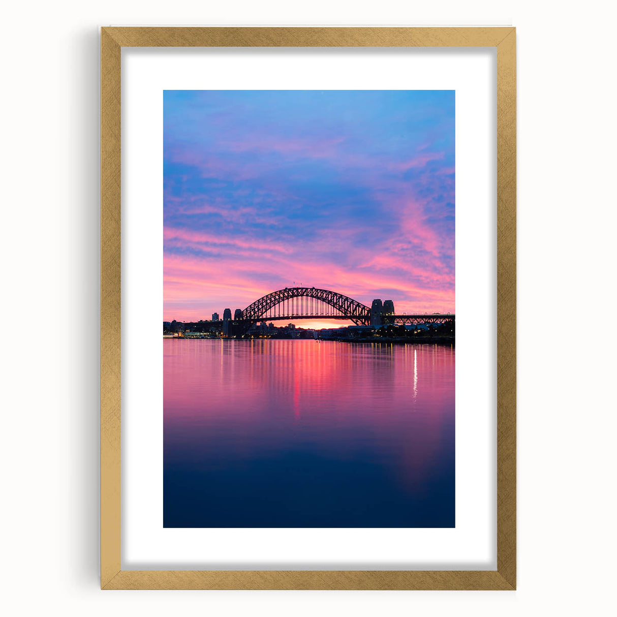 Abstract art print of Sydney skyline in muted gold and blue tones on a framed canvas, suitable for dining room decor.