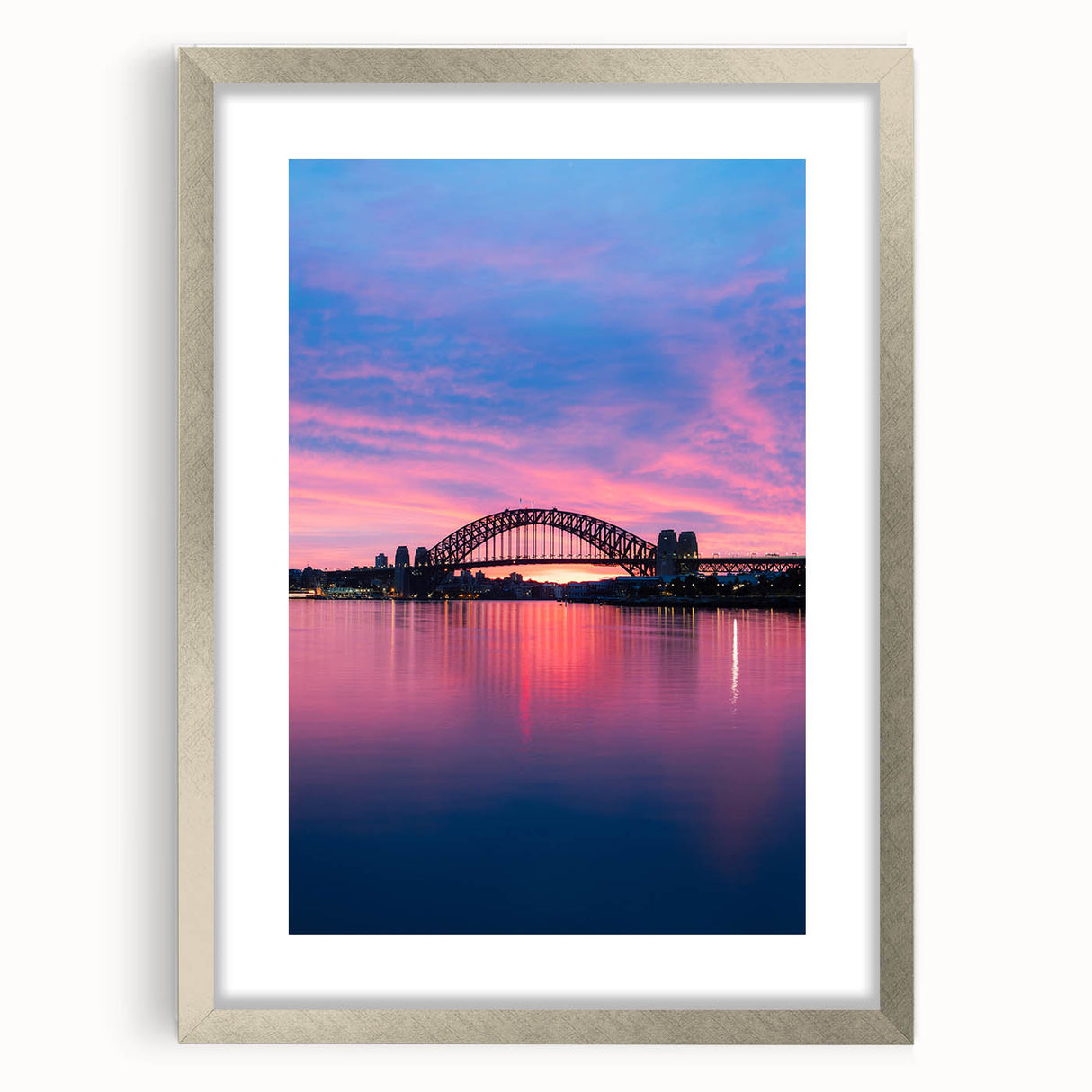Extra large abstract art print of Sydney scenery, in muted blue and gray tones on a framed canvas.